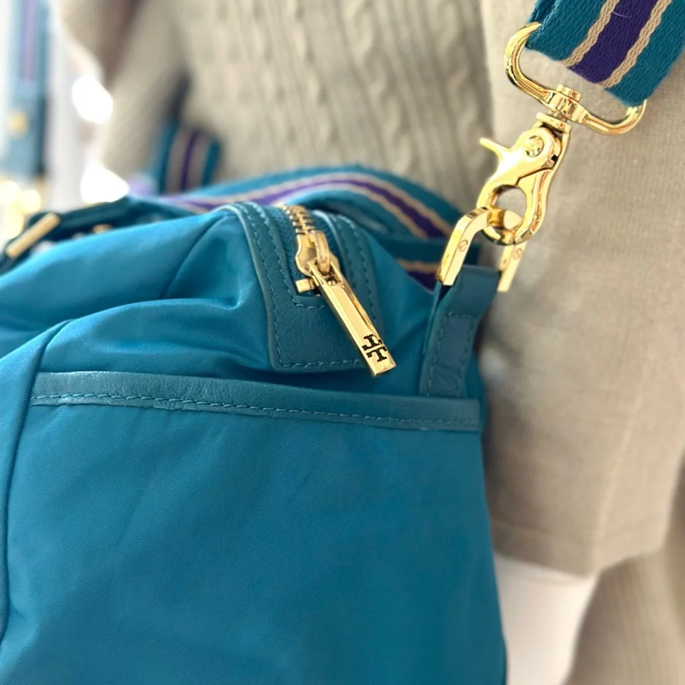 Tory Burch Teal Leather Weekend Duffel with Purple & Cream Stripes